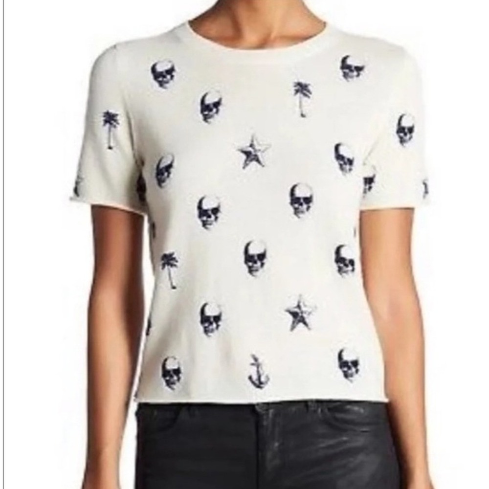 Skull Cashmere Womens Cream Skull Nautical Print Short Sleeve Sweater Size S